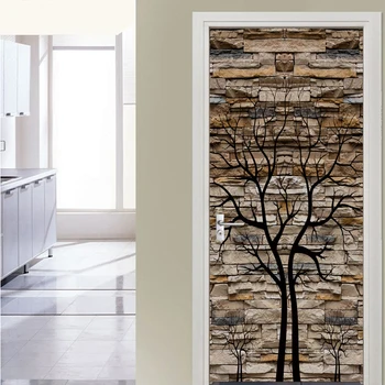 3D Каменный Кирпич Ветви деревьев Наклейка на дверь из водонепроницаемого ПВХ Самоклеящаяся Фотообоя для прихожей, Декор стен в коридоре, плакат 