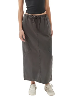 Frauen Einfarbige Midi Rock Casual Hohe Taille Reißverschluss Vintage Lange Boho Röcke für Frauen (D-Black M)
