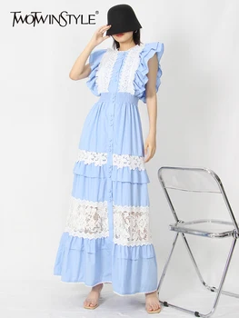 TWOTWINSTYLE винтажное кружевное платье с цветными блоками для женщин с круглым вырезом без рукавов с высокой талией и вышивкой платья женские летние новые