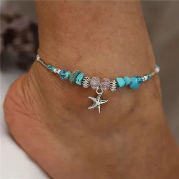WUKALO Винтажные Ножные браслеты с подвеской в виде морской звезды Для женщин, Пляжный браслет из каменных бусин, Богемный браслет на ногу, Летние украшения для ног