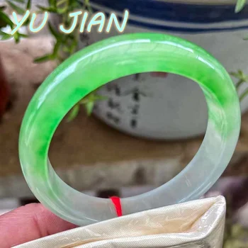 Высококачественные браслеты из натурального башанского жадеита Класса А, Янгзеленый Императорский Зеленый Нефритовый браслет с плавающим цветком, кольцо для рук, Изысканные ювелирные изделия
