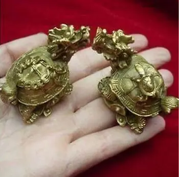 Декоративно-прикладное искусство из меди Пара изысканных китайских статуэток черепахи-дракона из латуни
