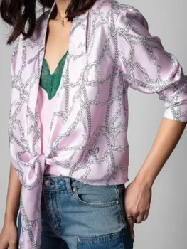 Женская блузка с принтом в виде цепочки и отложным воротником с длинным рукавом на шнуровке, Винтажная рубашка из 100% Шелка