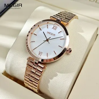 Женские часы MEGIR с простым винтажным аналоговым циферблатом и ремешком из нержавеющей стали, Модные Роскошные наручные часы из розового золота, водонепроницаемость 3atm