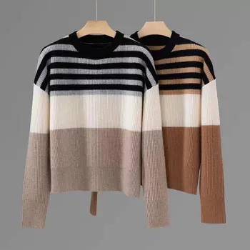Женский свитер из 100% кашемира в полоску, простой повседневный женский вязаный пуловер с длинным рукавом и круглым вырезом, осень 2023