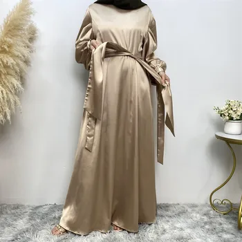 Женское однотонное платье из плотного атласа, со шнуровкой на рукавах, Элегантное платье-кардиган, Простая мода, мусульманское