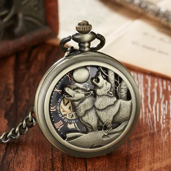 Классические винтажные бронзовые механические карманные часы с полым брелком в виде собаки и волка с цепочкой-ожерельем, классные часы с подвеской, подарок для женщин и мужчин