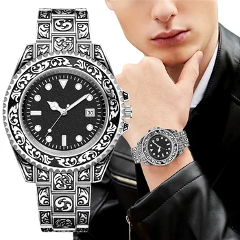 Новые винтажные часы Мужские серебряные наручные часы 2022 Брендовые часы из нержавеющей стали Скульптура Календарь Модные кварцевые наручные часы Reloj