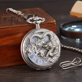 Новые Серебристо-белые механические карманные часы со скульптурой летающего дракона, Выдалбливающийся корпус, Аналоговые мужские механические карманные часы со скелетом