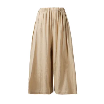 Однотонные Хлопчатобумажные Льняные Свободные Длинные брюки, юбка 2022, Женская Свободная домашняя одежда, Широкие брюки с карманами
