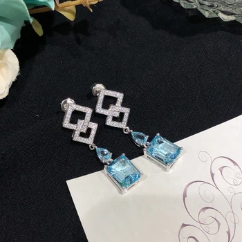 Простые и модные женские серьги-подвески из стерлингового серебра 925 пробы с голубым топазом