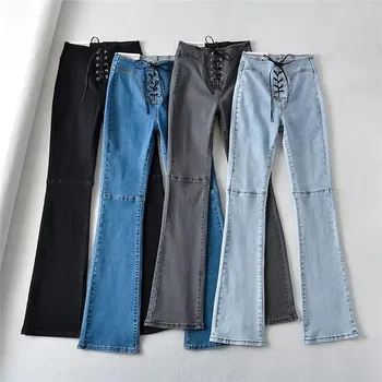 Расклешенные джинсы с высокой талией, Кружевная повязка, узкие джинсы для женщин, брюки 2023, эластичные модные повседневные синие джинсовые брюки