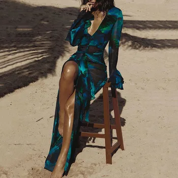 Сексуальное платье лето 2023, женское модное платье с V-образным вырезом и принтом, простые пляжные облегающие длинные платья на шнуровке, уличная одежда Vestidos