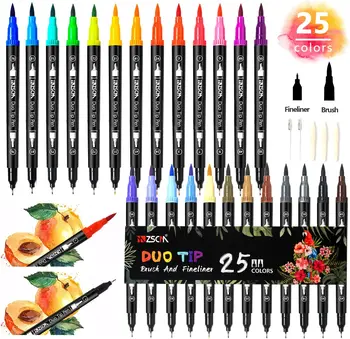 Художественная Раскраска Кисточки Маркеры, 25 Цветов Duo Tip Каллиграфический Маркер Журнальные Ручки для Взрослых Книжки-раскраски Для Рисования Bullet Journaling