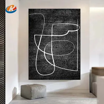 Черная настенная живопись большая черно-белая минималистичная картина на холсте с черными абстрактными линиями