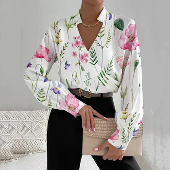 Элегантная женская блузка с цветочным принтом, V-образный вырез, лоскутная рубашка с длинным рукавом, Модная офисная Повседневная Свободная праздничная блузка, Женская